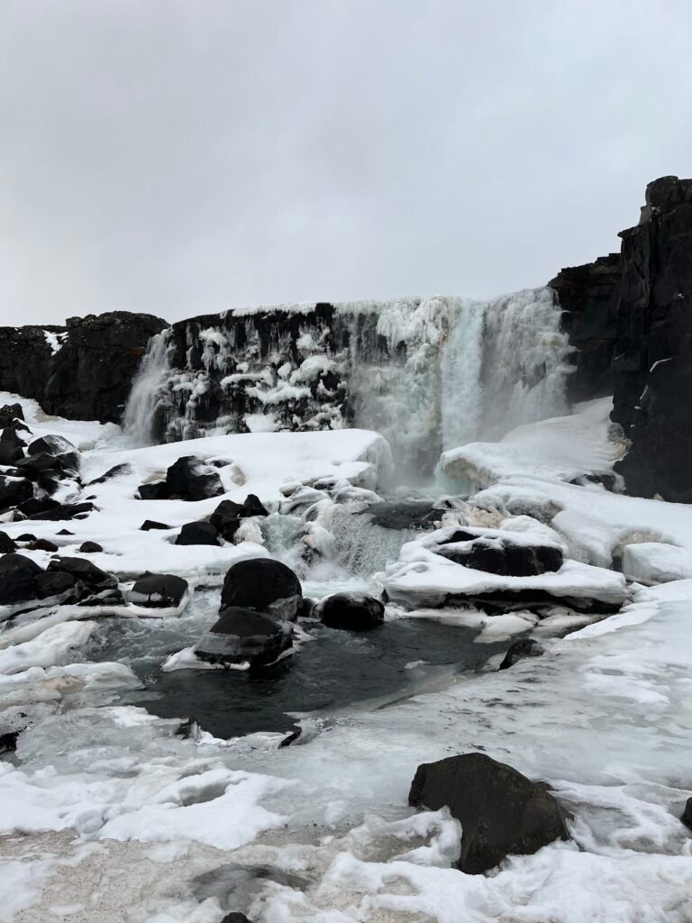 Þingvellir National Park waterfall finding its way through the ice